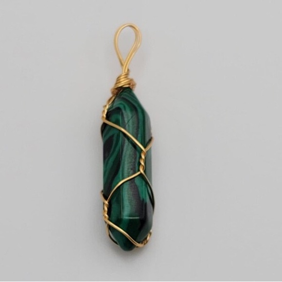 New Handmade Green Malachite 10k Gold Wire Wrapped S925 Silver Amulet Necklace - Picture 12 of 16